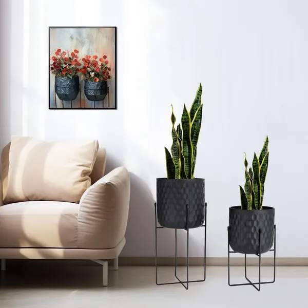 Weston_Crafts_Set_of_2_Planters_with_Stand_Indoor_Outdoor_Metal_Plant_Stand_8_*_18_&7_*_12_"Modern_Planters_Flower_Pots_for_Living_Room_Corner_Kitchen_Office_Garden_Balcony_Patio_Decor(Black)