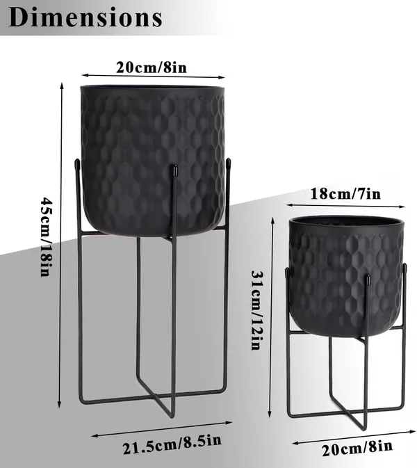 Weston_Crafts_Set_of_2_Planters_with_Stand_Indoor_Outdoor_Metal_Plant_Stand_8_*_18_&7_*_12_"Modern_Planters_Flower_Pots_for_Living_Room_Corner_Kitchen_Office_Garden_Balcony_Patio_Decor(Black)
