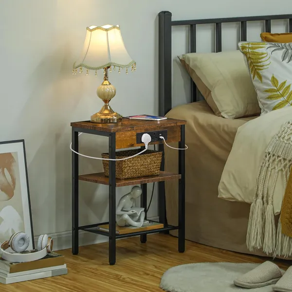Weston_Crafts__End_Table_with_Charging_Station_and_USB_Ports,_Narrow_Side_Table_for_Small_Space,_3-Tier_Nightstand_with_Adjustable_Shelf_in_Living_Room,_Bedroom_and_Balcony,_Rustic_Brown