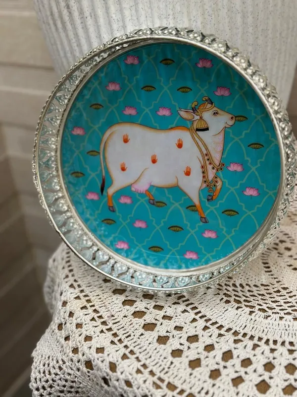 Weston_Crafts__Silver_Tray_Decorative_Metal_Serving_Tray_8_INCH,_Round_Shape,_Multicolor_with_Floral_Design,