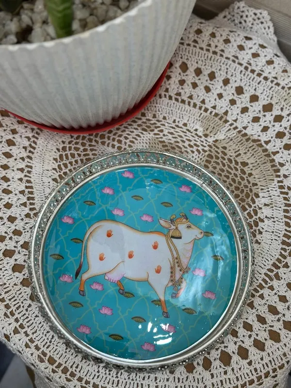 Weston_Crafts__Silver_Tray_Decorative_Metal_Serving_Tray_8_INCH,_Round_Shape,_Multicolor_with_Floral_Design,