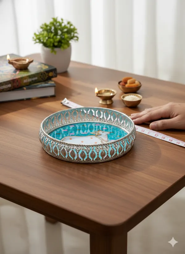 Weston_Crafts__Silver_Tray_Decorative_Metal_Serving_Tray_8_INCH,_Round_Shape,_Multicolor_with_Floral_Design,