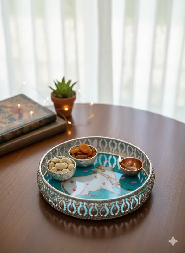 Weston_Crafts__Silver_Tray_Decorative_Metal_Serving_Tray_8_INCH,_Round_Shape,_Multicolor_with_Floral_Design,