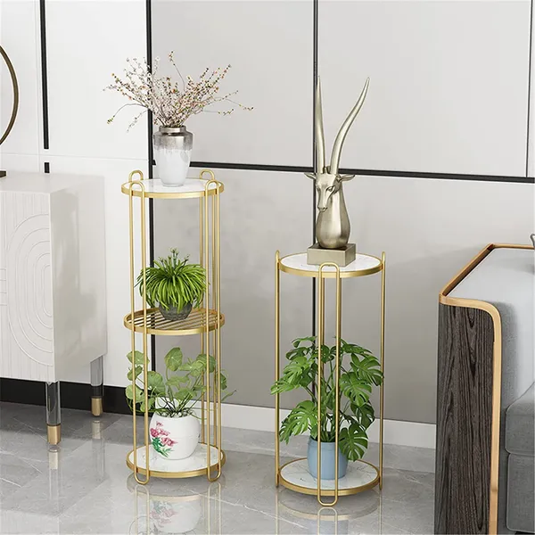 Gold_Compact_Flower_Pot_Holder,_Modern_Corner_Furniture_2_Tier_Plant_Stand_3_Tier_Plant_Stand_With_White_Mdf_Shelving,_For_Hallway_Decor