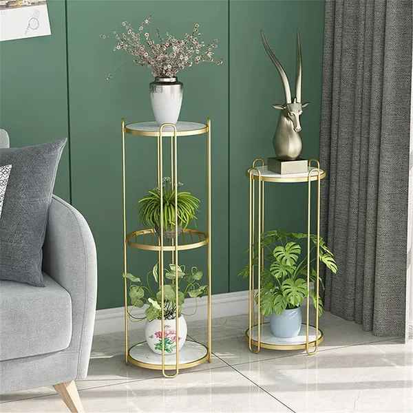 Gold_Compact_Flower_Pot_Holder,_Modern_Corner_Furniture_2_Tier_Plant_Stand_3_Tier_Plant_Stand_With_White_Mdf_Shelving,_For_Hallway_Decor