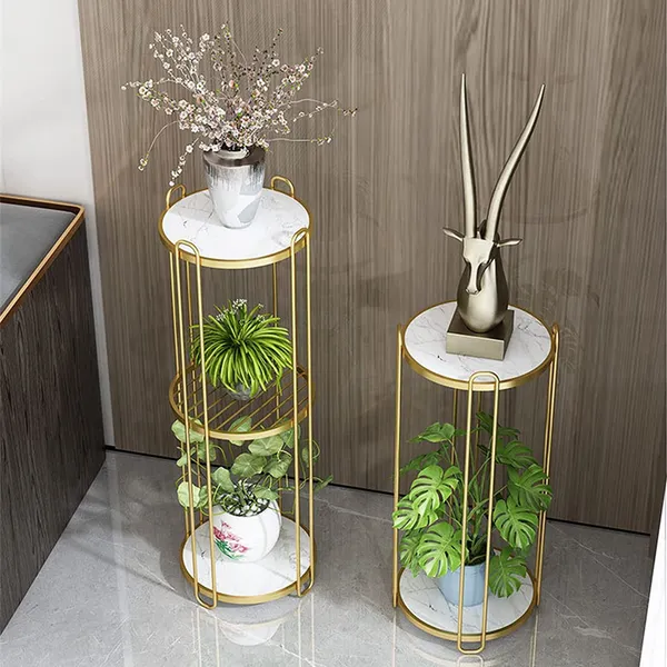 Gold_Compact_Flower_Pot_Holder,_Modern_Corner_Furniture_2_Tier_Plant_Stand_3_Tier_Plant_Stand_With_White_Mdf_Shelving,_For_Hallway_Decor