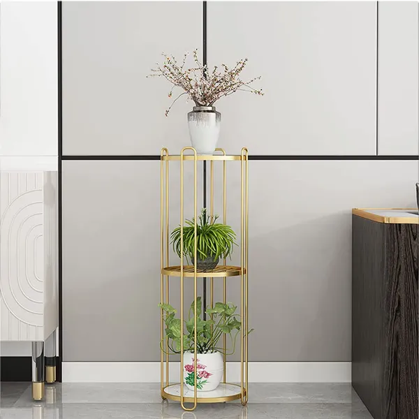Gold_Compact_Flower_Pot_Holder,_Modern_Corner_Furniture_2_Tier_Plant_Stand_3_Tier_Plant_Stand_With_White_Mdf_Shelving,_For_Hallway_Decor