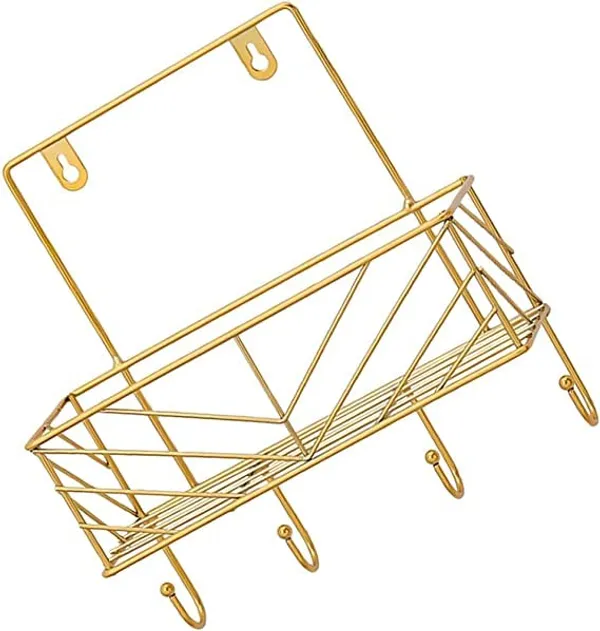 Gold_wall-mounted_storage_shelves_with_an_ironing_board_hanger,_wall_mount_board,_and_wall_mount_hanger_hooks.