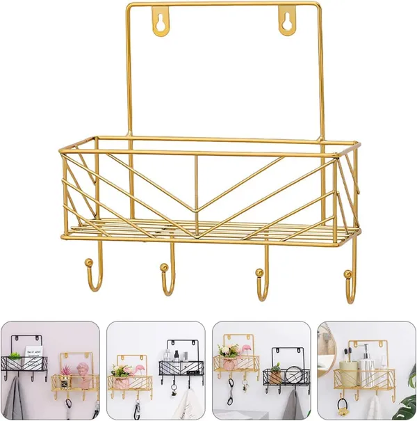 Gold_wall-mounted_storage_shelves_with_an_ironing_board_hanger,_wall_mount_board,_and_wall_mount_hanger_hooks.