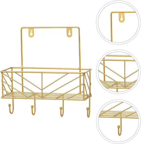 Gold_wall-mounted_storage_shelves_with_an_ironing_board_hanger,_wall_mount_board,_and_wall_mount_hanger_hooks.