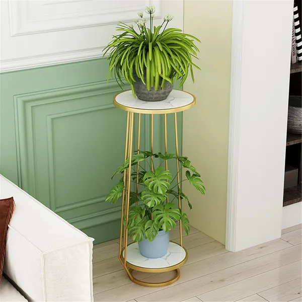 Weston_Crafts_Flower_Pot_Holder,_Long_Golden_Plant_Stand_Black_Flower_Pot_Display_2_Layer_MDF_Shelves_Unit_Modern_Corner_Table_For_Home_Living