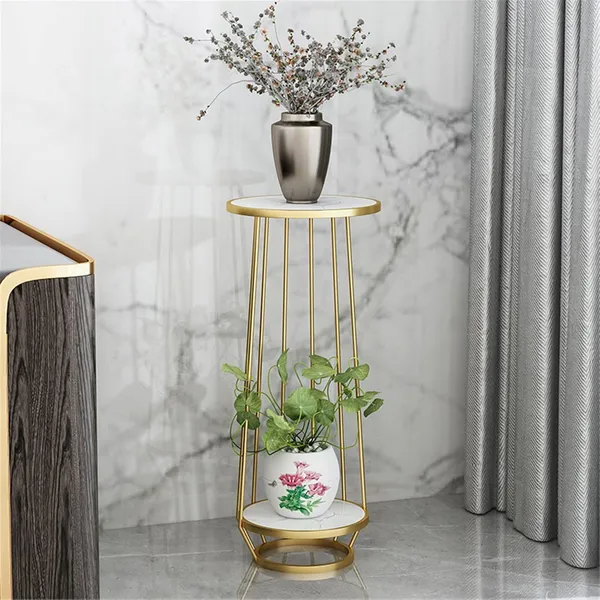 Weston_Crafts_Flower_Pot_Holder,_Long_Golden_Plant_Stand_Black_Flower_Pot_Display_2_Layer_MDF_Shelves_Unit_Modern_Corner_Table_For_Home_Living