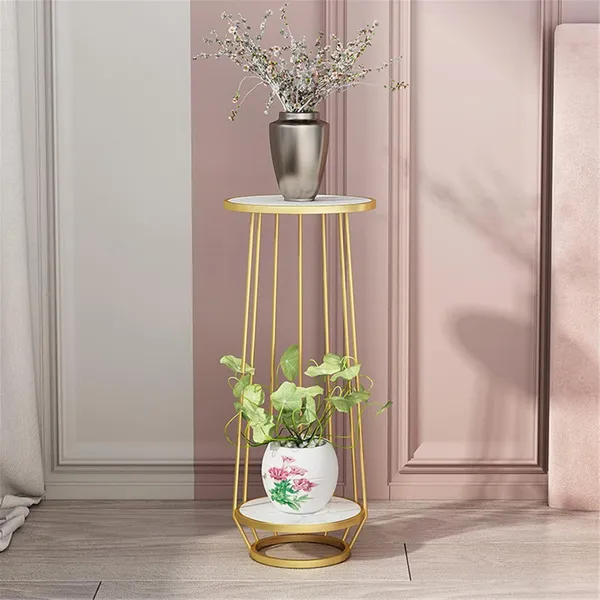 Weston_Crafts_Flower_Pot_Holder,_Long_Golden_Plant_Stand_Black_Flower_Pot_Display_2_Layer_MDF_Shelves_Unit_Modern_Corner_Table_For_Home_Living