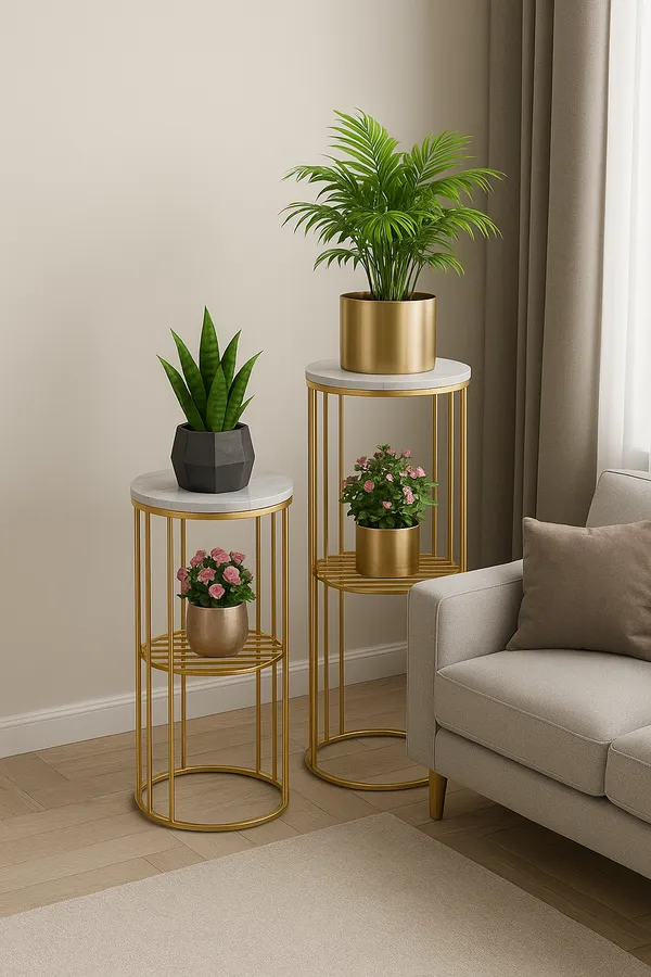 Gold_round_side_table_(2_pcs)_with_a_compact_plant_display_stand,_accent_corner_sofa_side_tables,_and_2-tier_shelves,_size:_50x60_cm.