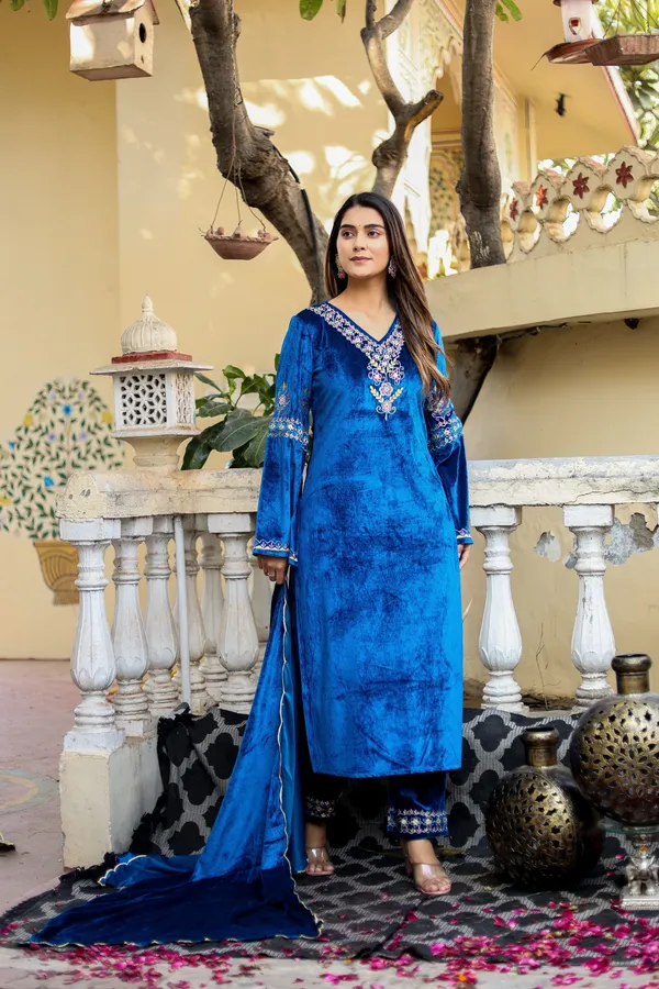 Petrol_Blue_Embordered_Work_Premium_Velvet_Suit_Set_for_Women_|_Embordered_Neckline