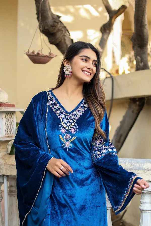 Petrol_Blue_Embordered_Work_Premium_Velvet_Suit_Set_for_Women_|_Embordered_Neckline