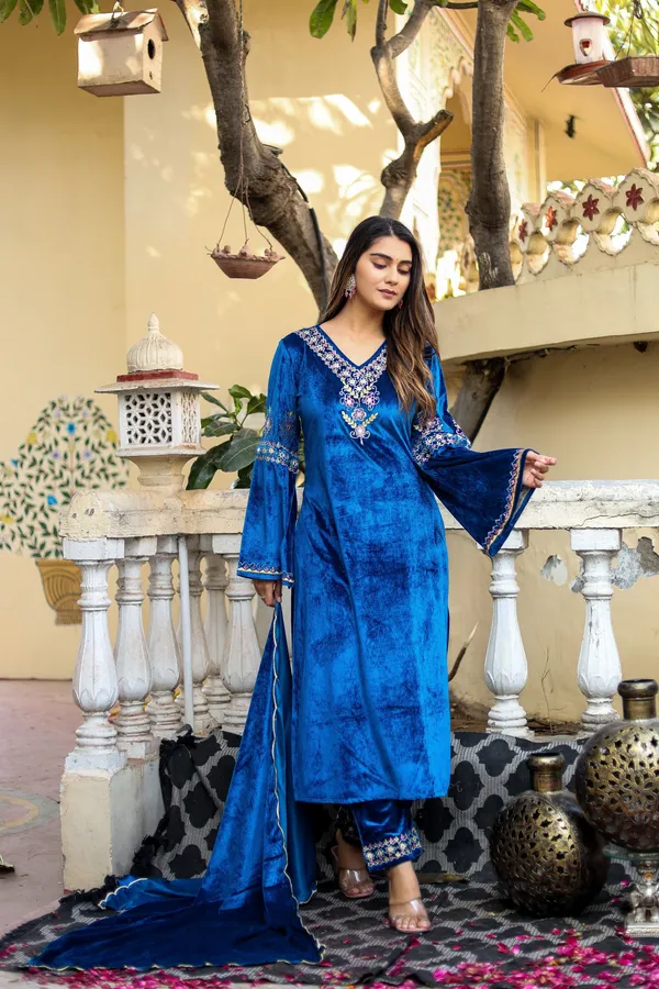 Petrol_Blue_Embordered_Work_Premium_Velvet_Suit_Set_for_Women_|_Embordered_Neckline