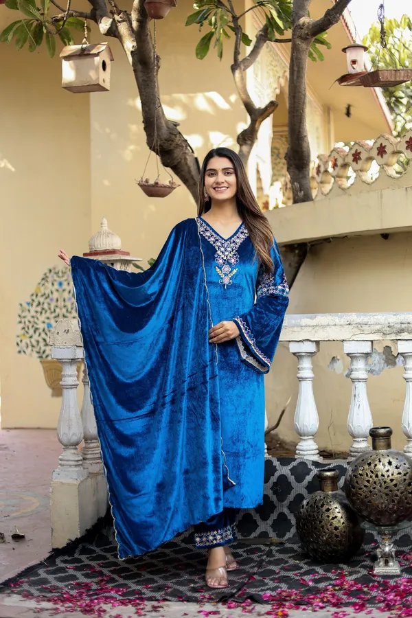 Petrol_Blue_Embordered_Work_Premium_Velvet_Suit_Set_for_Women_|_Embordered_Neckline