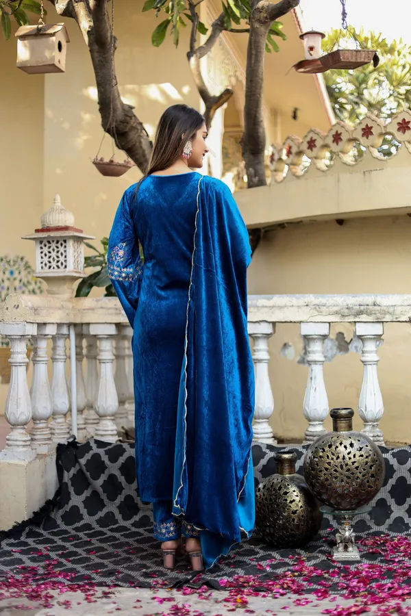 Petrol_Blue_Embordered_Work_Premium_Velvet_Suit_Set_for_Women_|_Embordered_Neckline