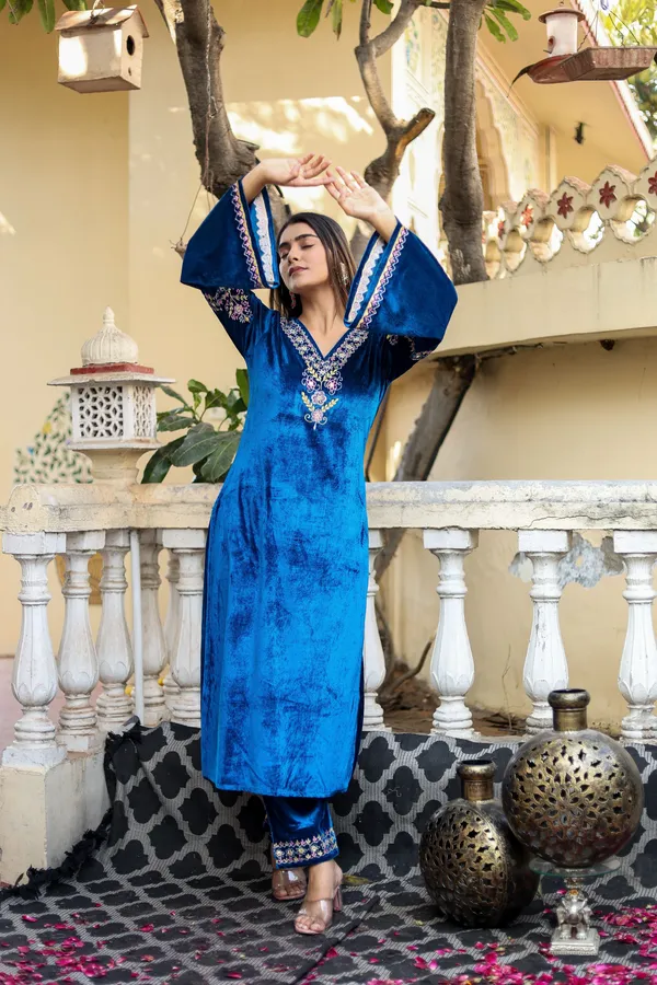 Petrol_Blue_Embordered_Work_Premium_Velvet_Suit_Set_for_Women_|_Embordered_Neckline