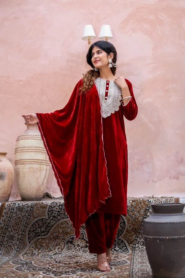 Maroon_Premium_Velvet_Suit_Set_For_Women