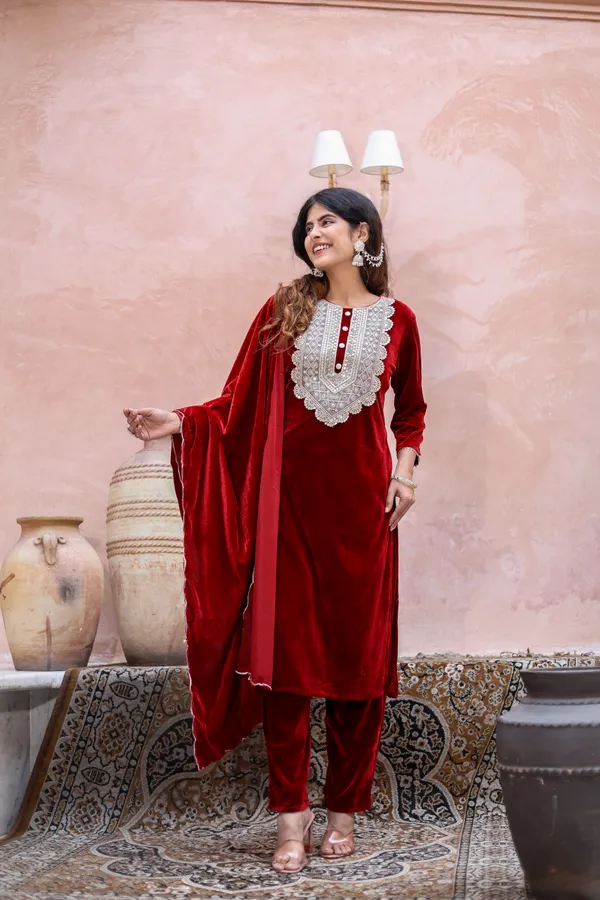 Maroon_Premium_Velvet_Suit_Set_For_Women