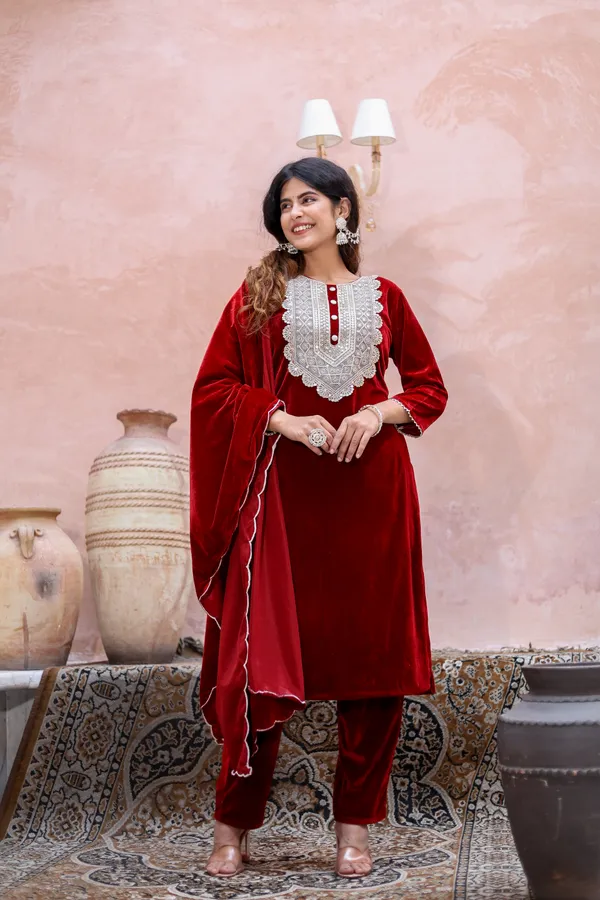 Maroon_Premium_Velvet_Suit_Set_For_Women