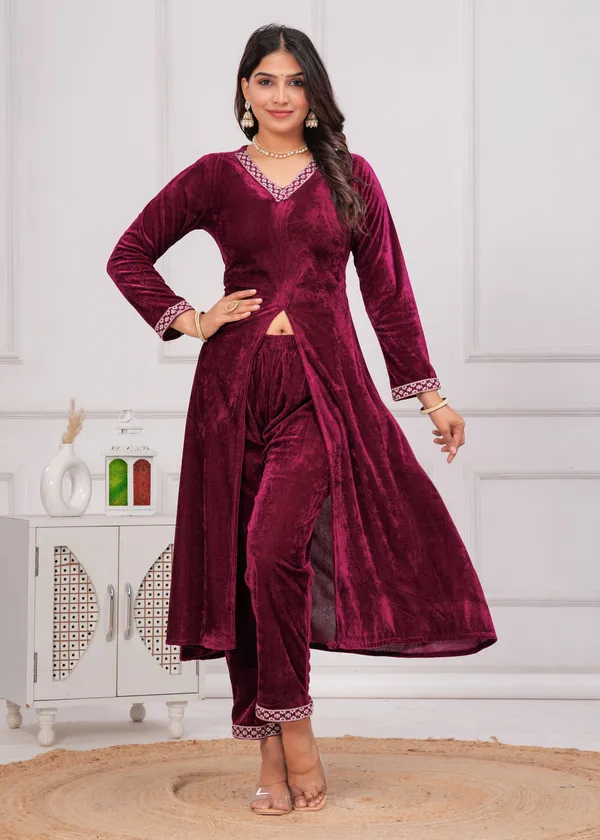Wine_Neckline_Work_Premium_Velvet_Suit_Set_For_Women