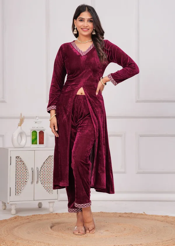 Wine_Neckline_Work_Premium_Velvet_Suit_Set_For_Women