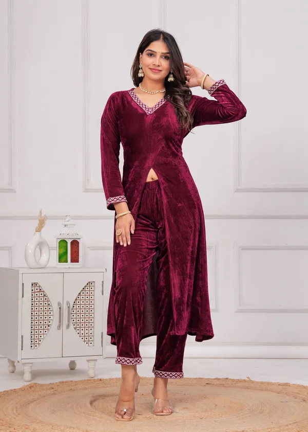 Wine_Neckline_Work_Premium_Velvet_Suit_Set_For_Women