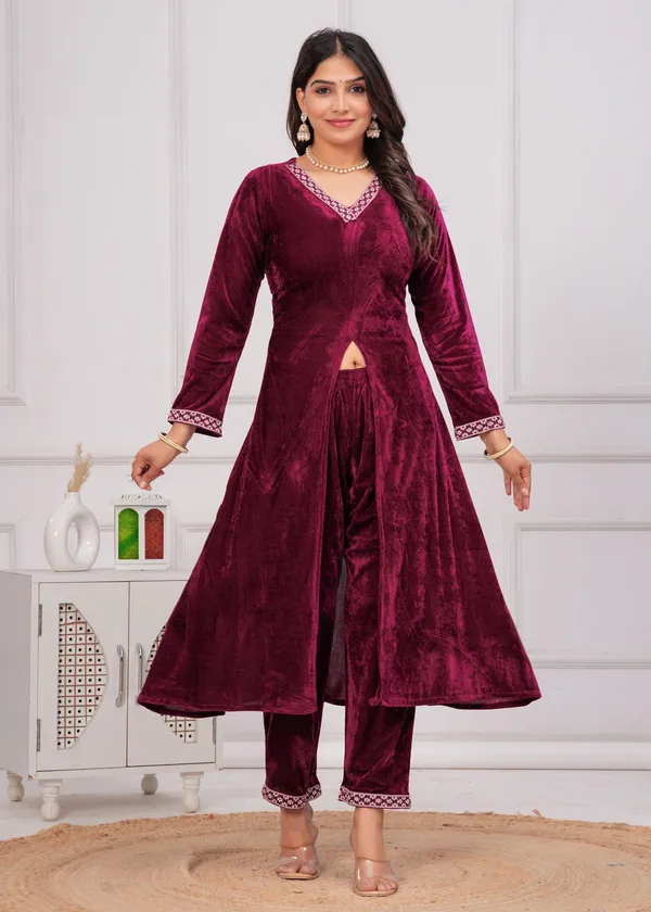 Wine_Neckline_Work_Premium_Velvet_Suit_Set_For_Women