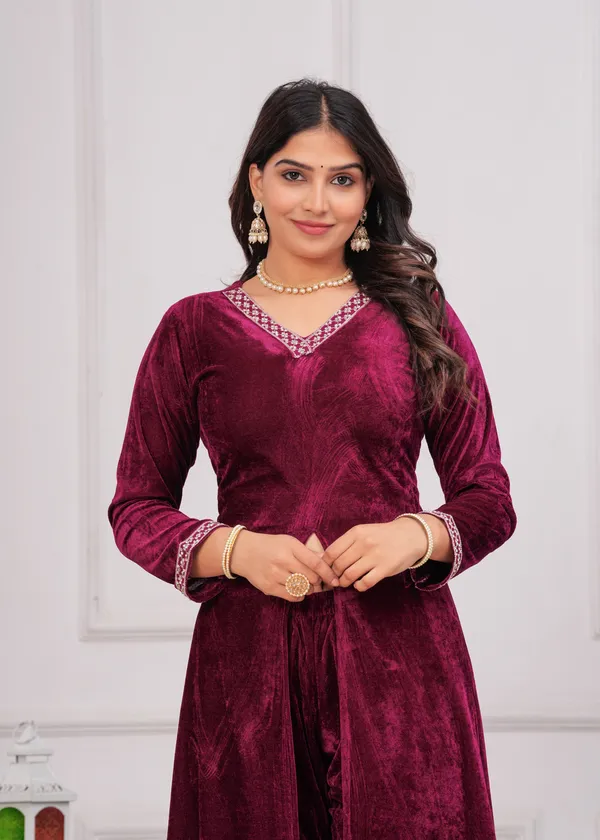 Wine_Neckline_Work_Premium_Velvet_Suit_Set_For_Women