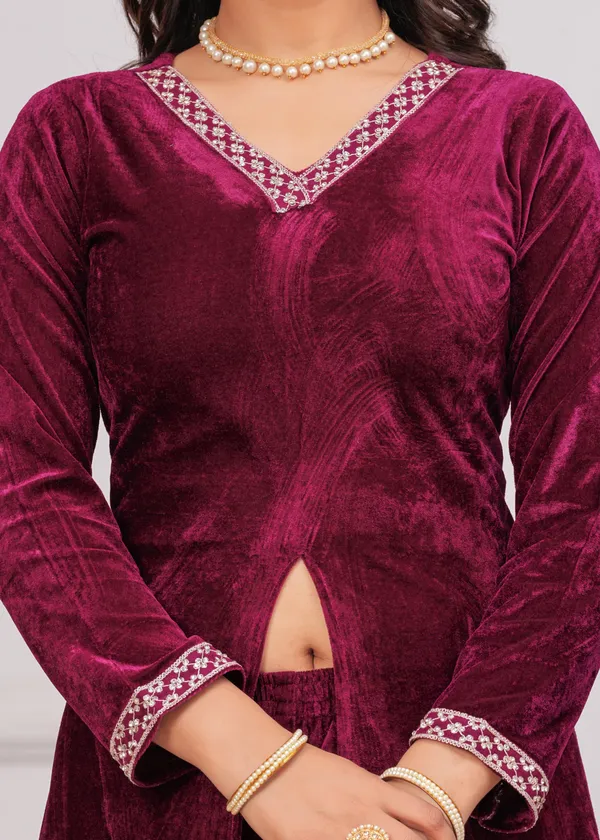Wine_Neckline_Work_Premium_Velvet_Suit_Set_For_Women