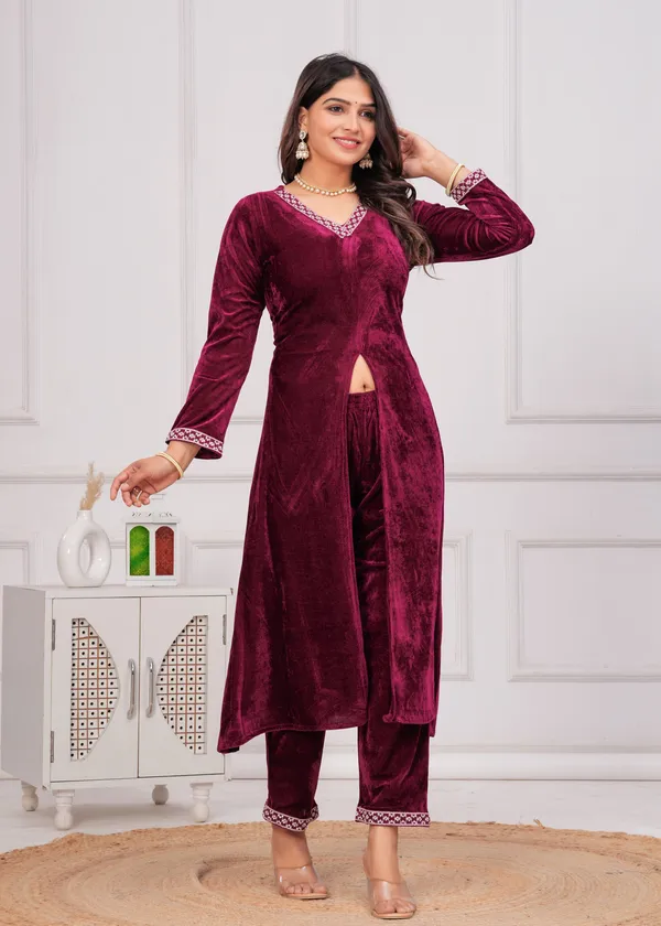 Wine_Neckline_Work_Premium_Velvet_Suit_Set_For_Women