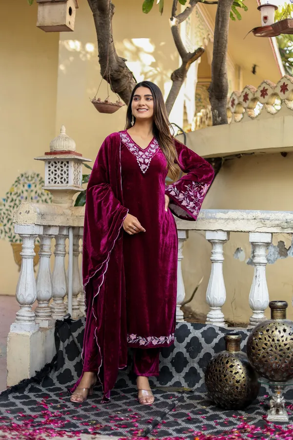 Wine_Embordered_Work_Premium_Velvet_Suit_Set_for_Women_|_Embordered_Neckline
