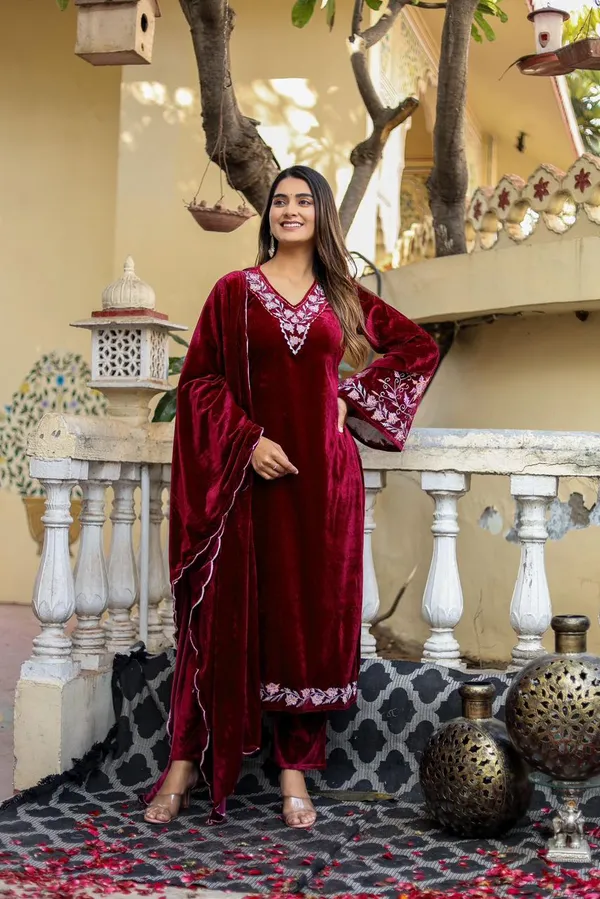 Wine_Embordered_Work_Premium_Velvet_Suit_Set_for_Women_|_Embordered_Neckline