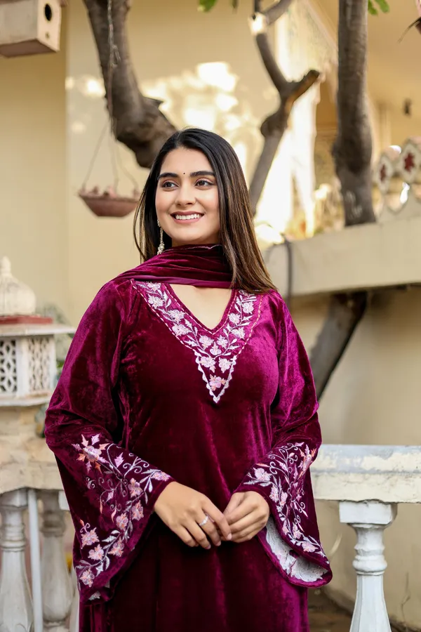 Wine_Embordered_Work_Premium_Velvet_Suit_Set_for_Women_|_Embordered_Neckline