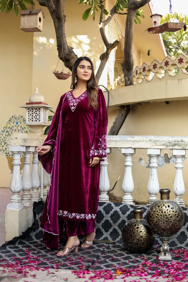 Wine_Embordered_Work_Premium_Velvet_Suit_Set_for_Women_|_Embordered_Neckline