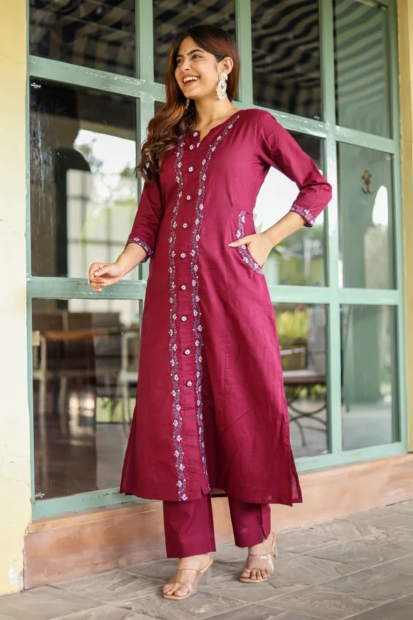 Pink_Cotton_Regular_Fit_Solid_Kurta_And_Pant_Set_For_Women