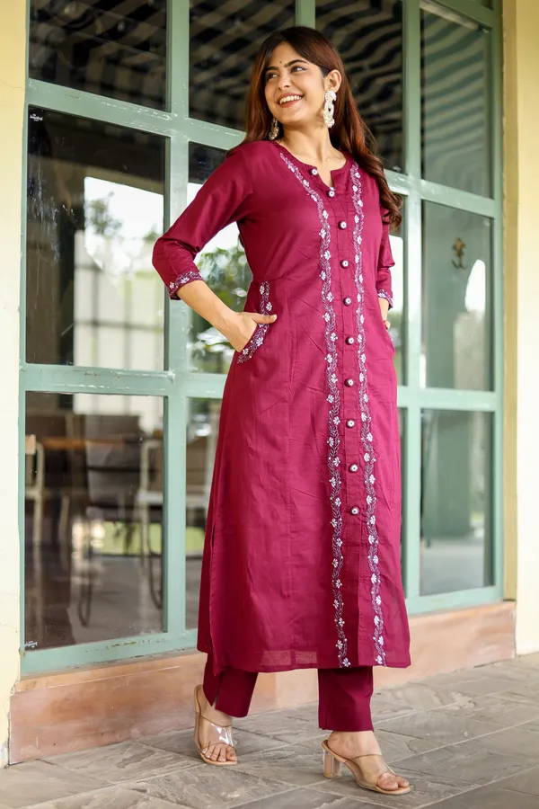 Pink_Cotton_Regular_Fit_Solid_Kurta_And_Pant_Set_For_Women