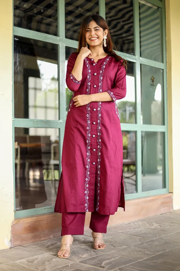 Pink_Cotton_Regular_Fit_Solid_Kurta_And_Pant_Set_For_Women