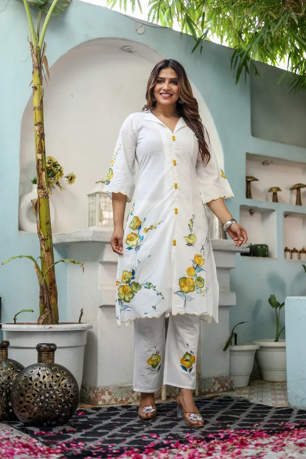 White_Cotton_Regular_Fit_Solid_Kurta_And_Pant_Set_For_Women