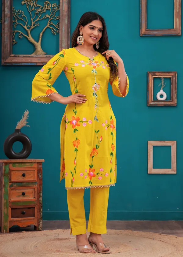 Women_Cotton_Yellow_Gota_Patti_Work_Kurta_And_Pant_Set