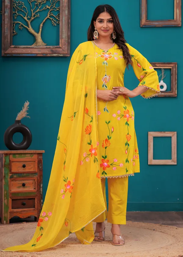 Women_Cotton_Yellow_Gota_Patti_Work_Kurta_And_Pant_Set