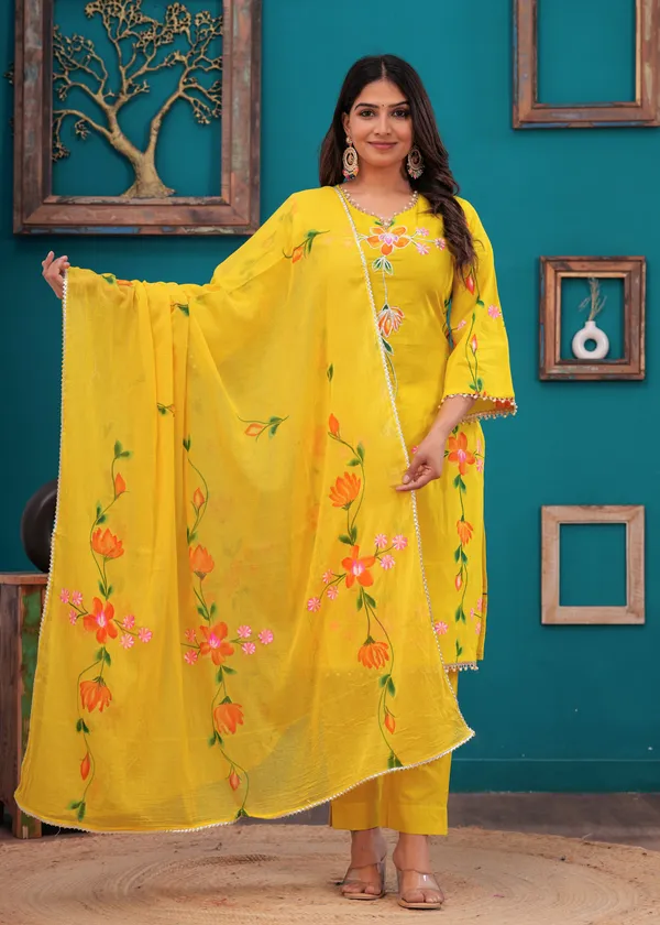 Women_Cotton_Yellow_Gota_Patti_Work_Kurta_And_Pant_Set