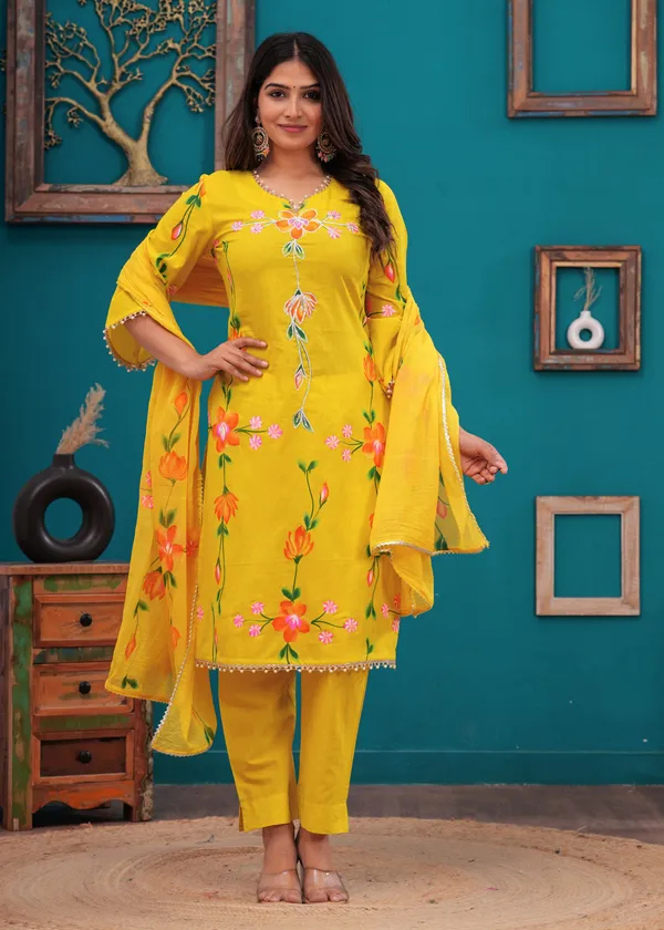 Women_Cotton_Yellow_Gota_Patti_Work_Kurta_And_Pant_Set
