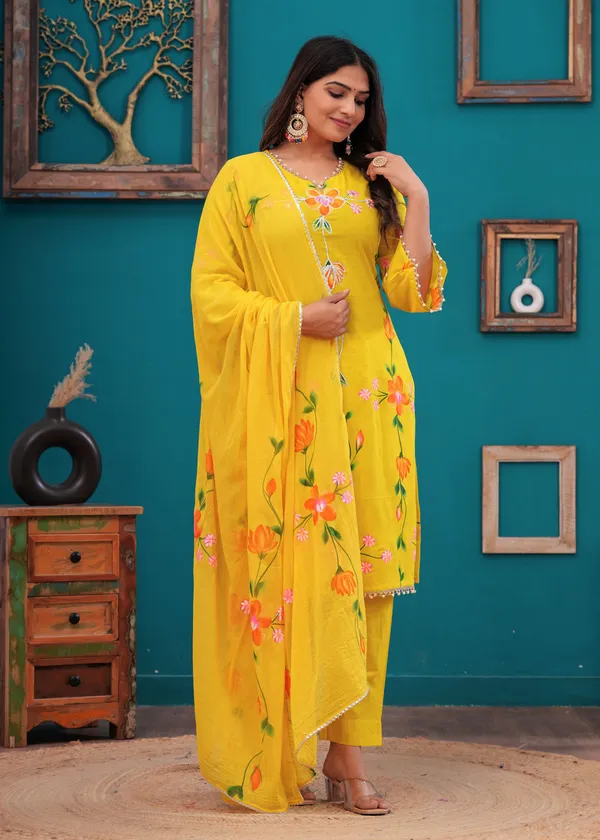 Women_Cotton_Yellow_Gota_Patti_Work_Kurta_And_Pant_Set