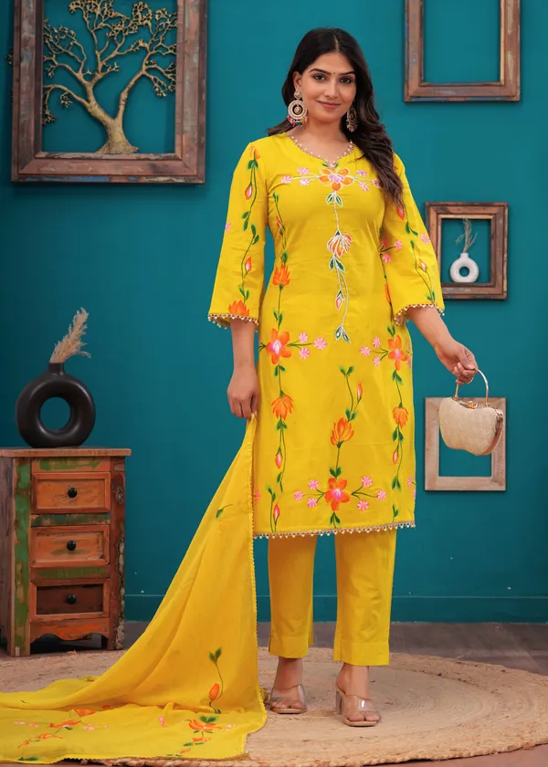 Women_Cotton_Yellow_Gota_Patti_Work_Kurta_And_Pant_Set
