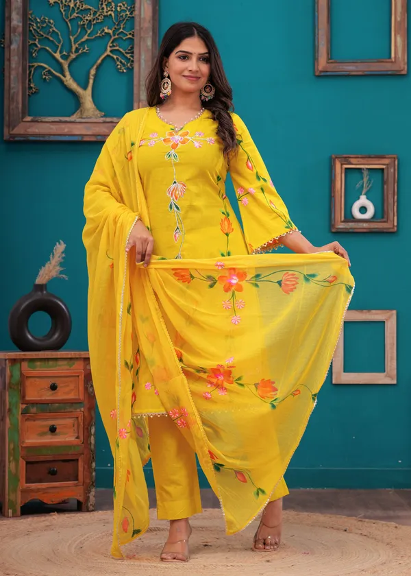 Women_Cotton_Yellow_Gota_Patti_Work_Kurta_And_Pant_Set