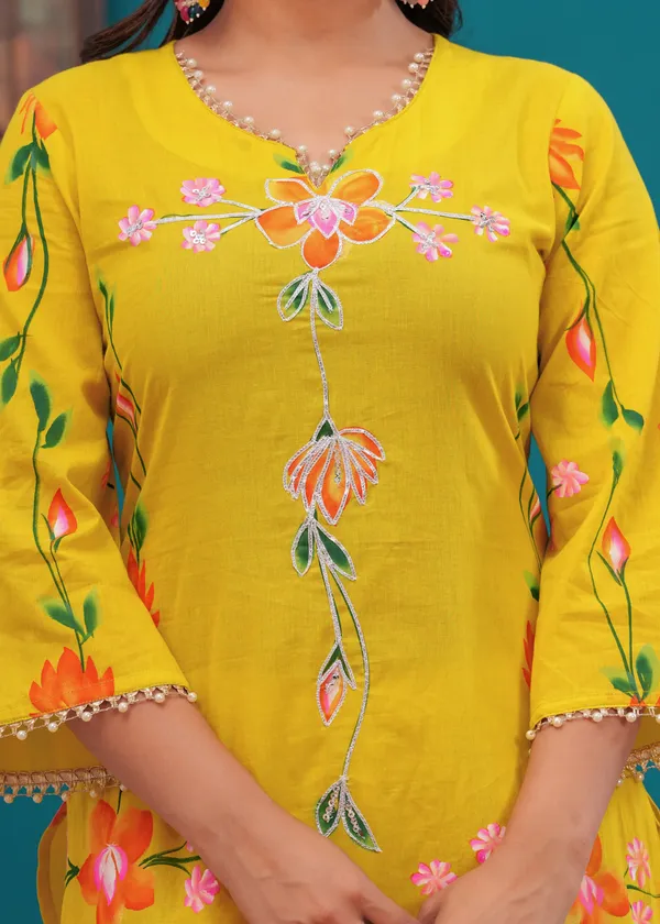 Women_Cotton_Yellow_Gota_Patti_Work_Kurta_And_Pant_Set